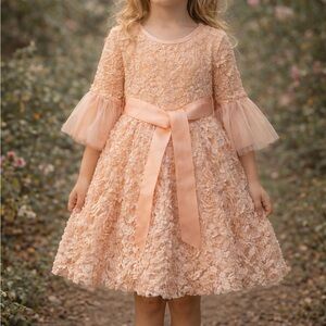 Tutu & Lulu 3D Lace Flower Ballet Pink Tulle Trim Whimsical Fairy Dress with Bow